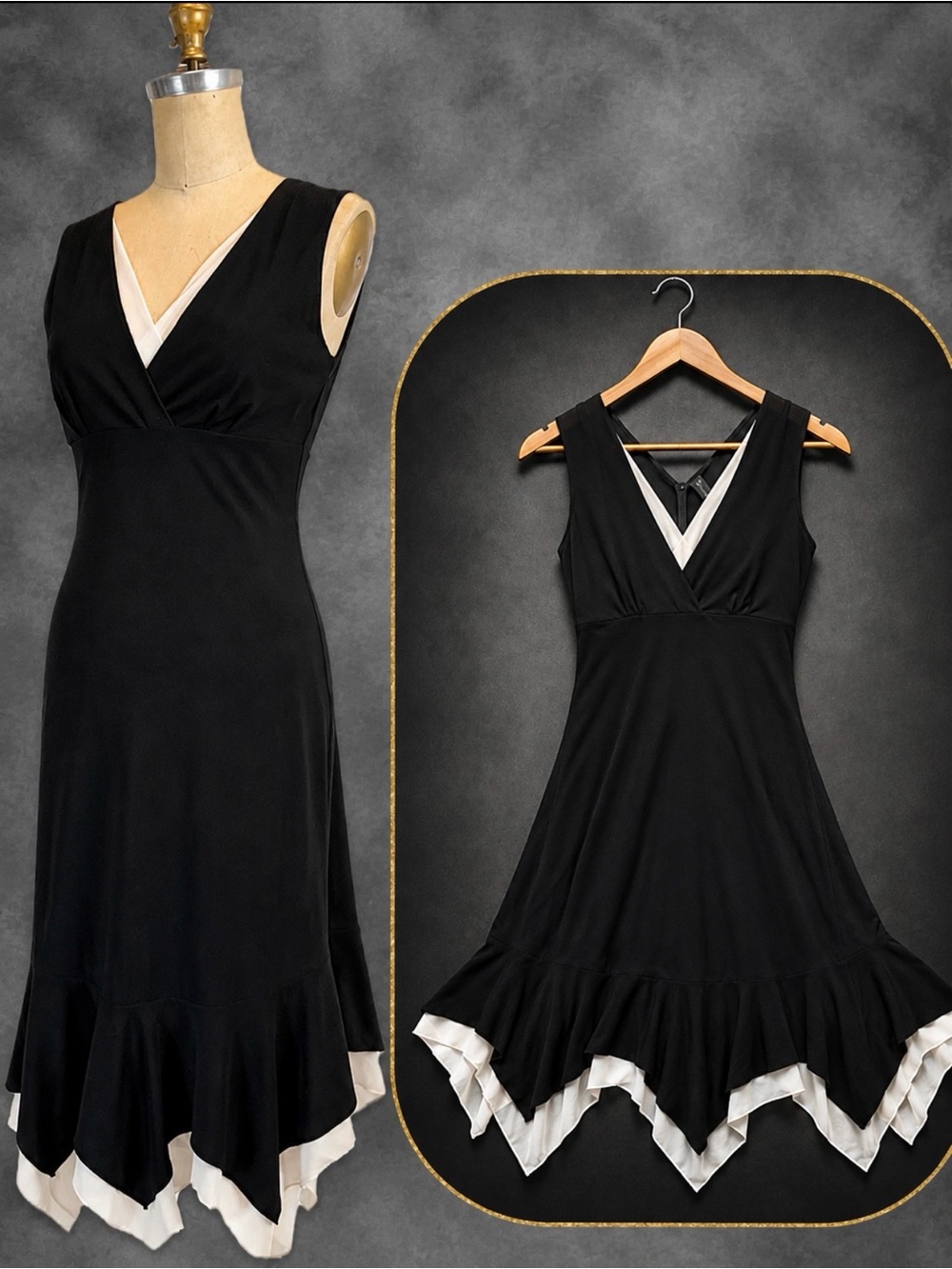 VINTAGE 90s black dress fairy asymmetrical hemline chiffon sheer trim sleeveless